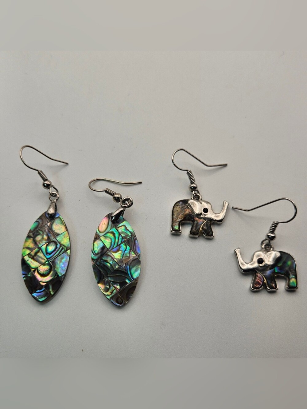 2 Pair Vintage Abalone  Earring Lot Elephant & Oval Silver Tone Boho